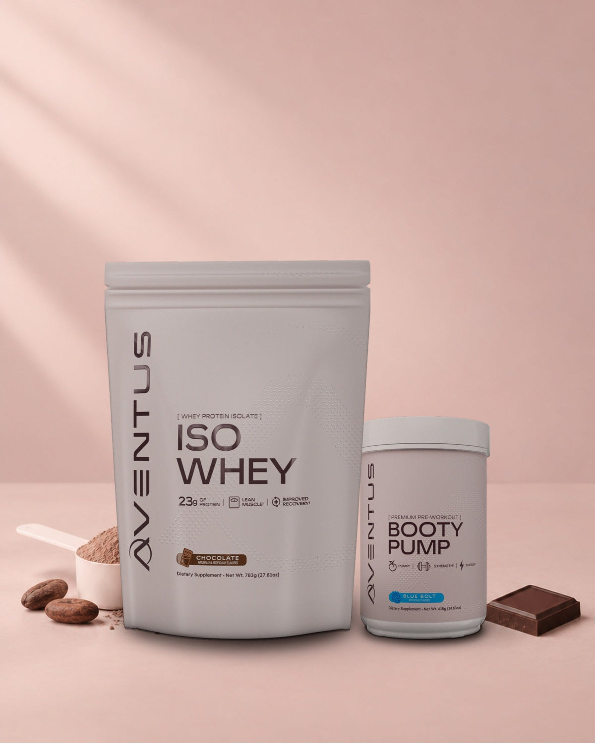 Aventus Booty Pump pre-workout held by a model in the gym