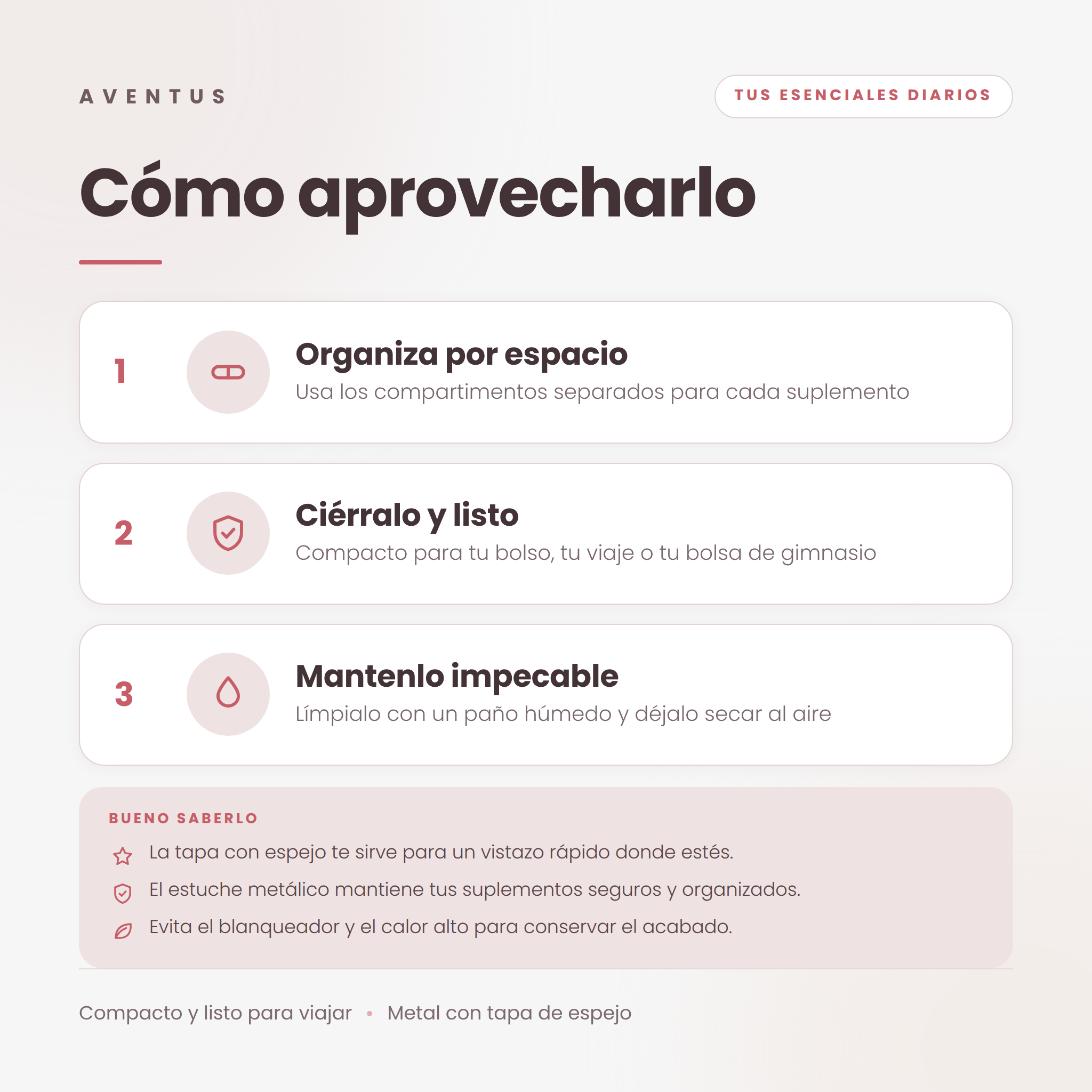 Pastillero de Viaje Aventus — Cómo usarlo