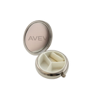 Silver pill box with branding on a white background