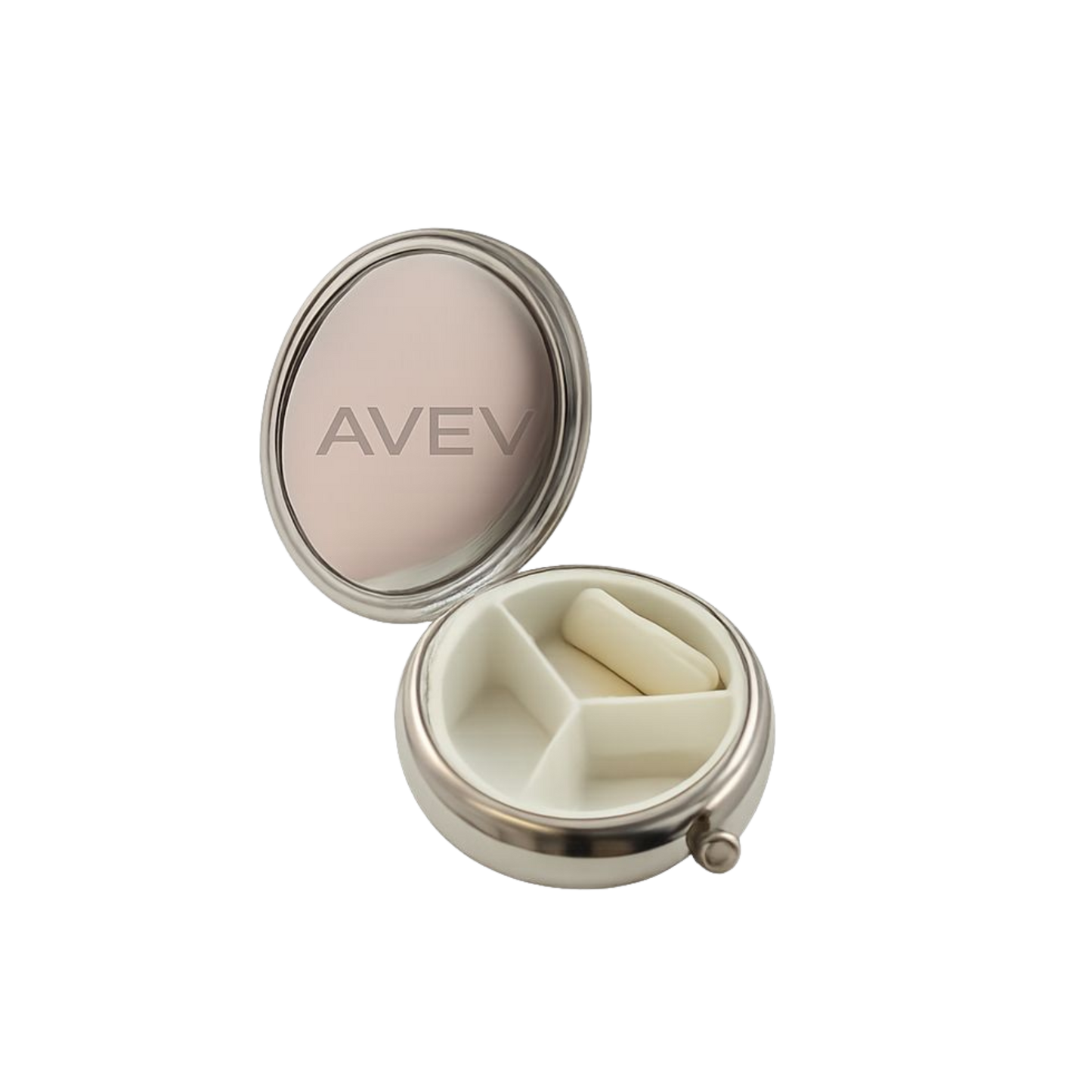 Silver pill box with branding on a white background