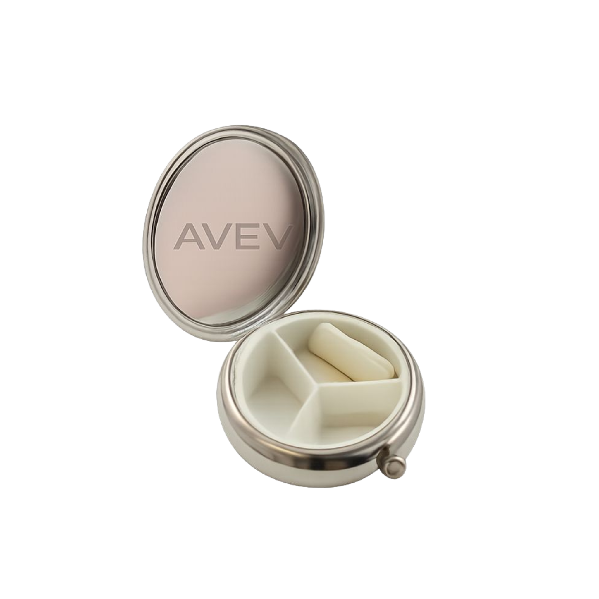 Silver pill box with branding on a white background